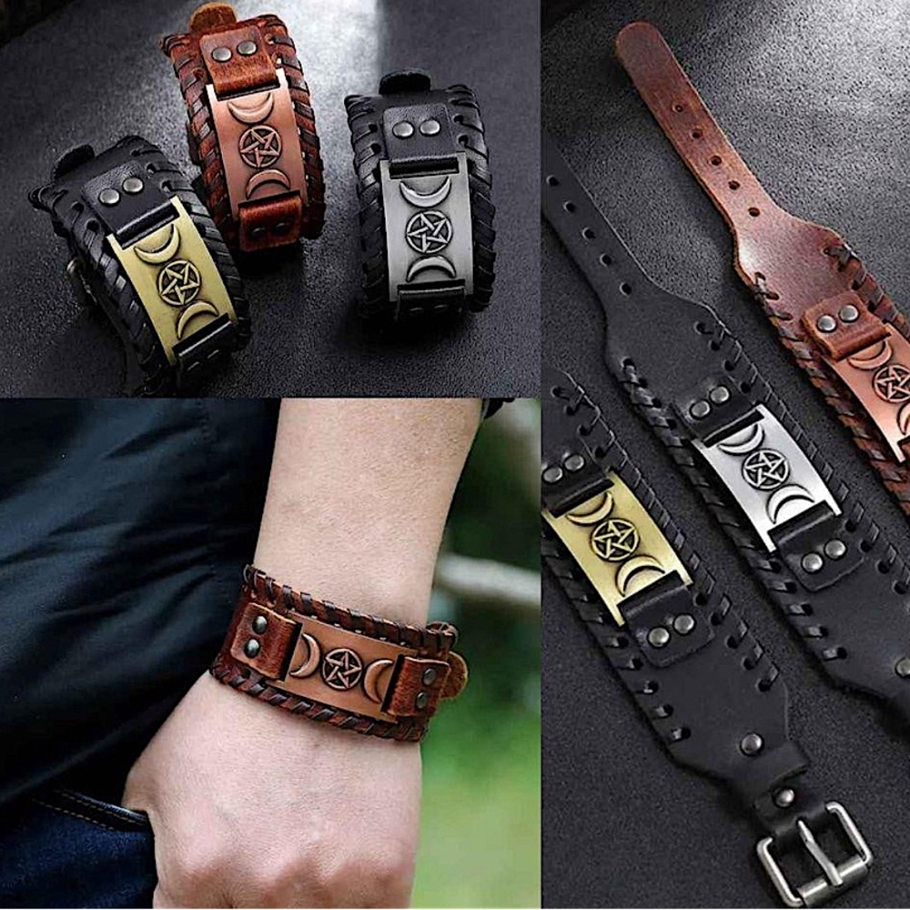 Black Leather Viking Bracelet Cuff For Men With Triple Moon